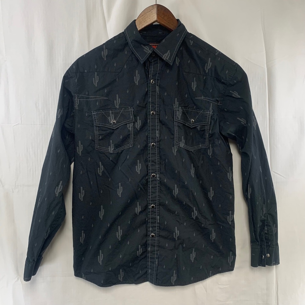 Rock‎ & Roll Denim Western Shirt Youth Boys XL Black Cactus Print Snap Front